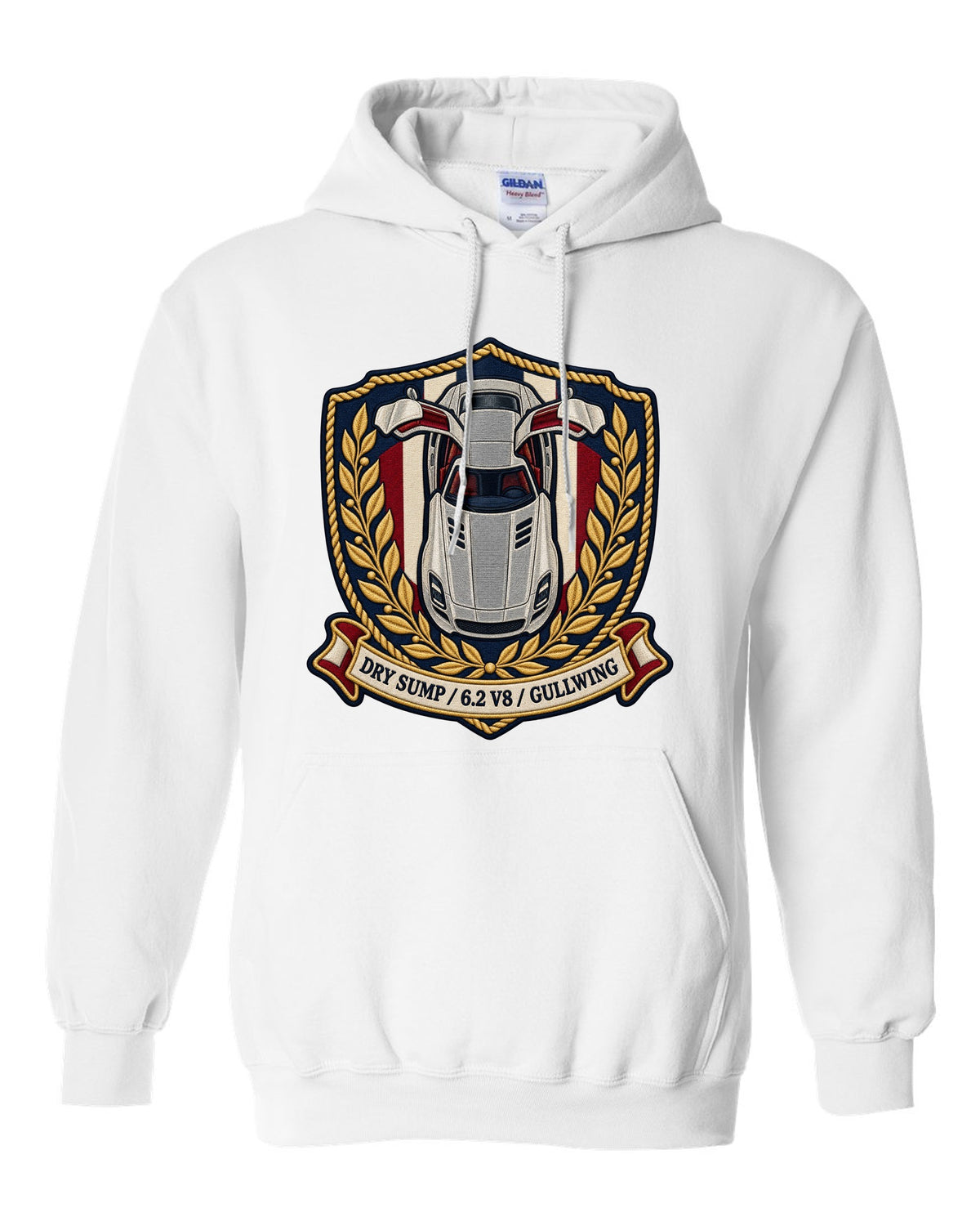 Embroidery style shield crest showing an overhead Mercedes SLS AMG C197 with gullwing doors open white pull over hoodie front view with the design