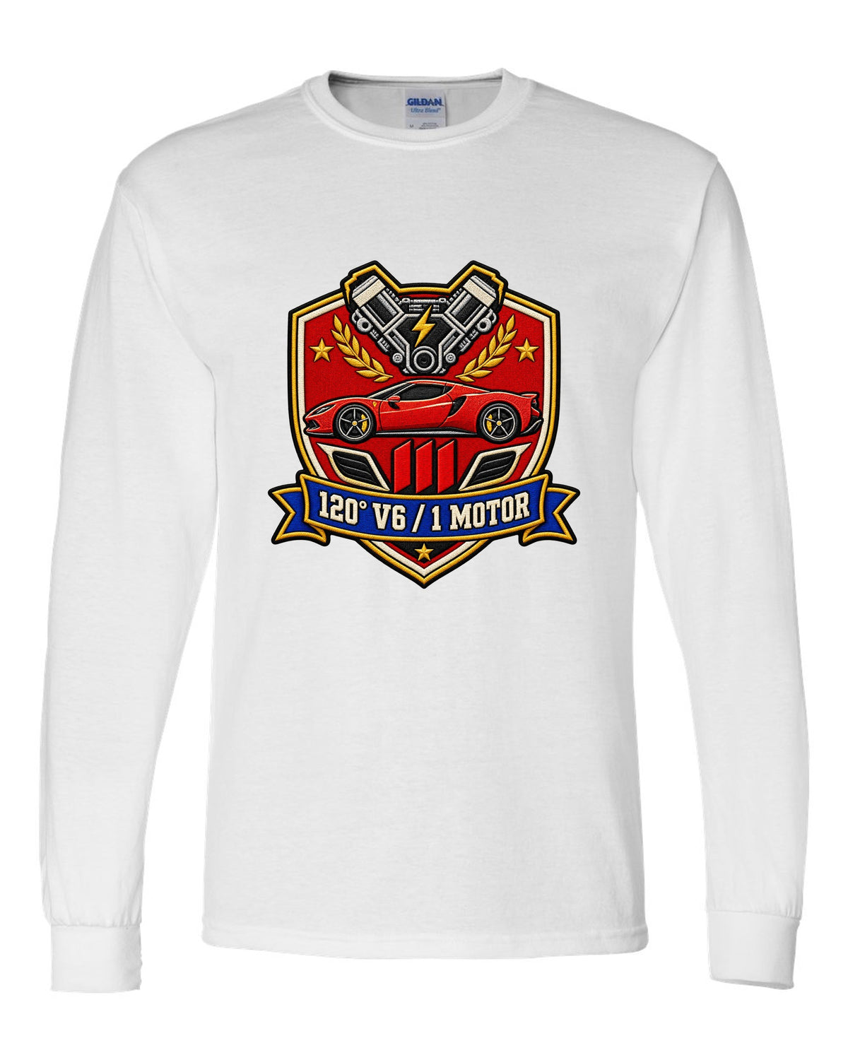Shield crest print for the Ferrari 296 GTB with 120 degree V6 and 1 motor lettering white long sleeve front view with the design