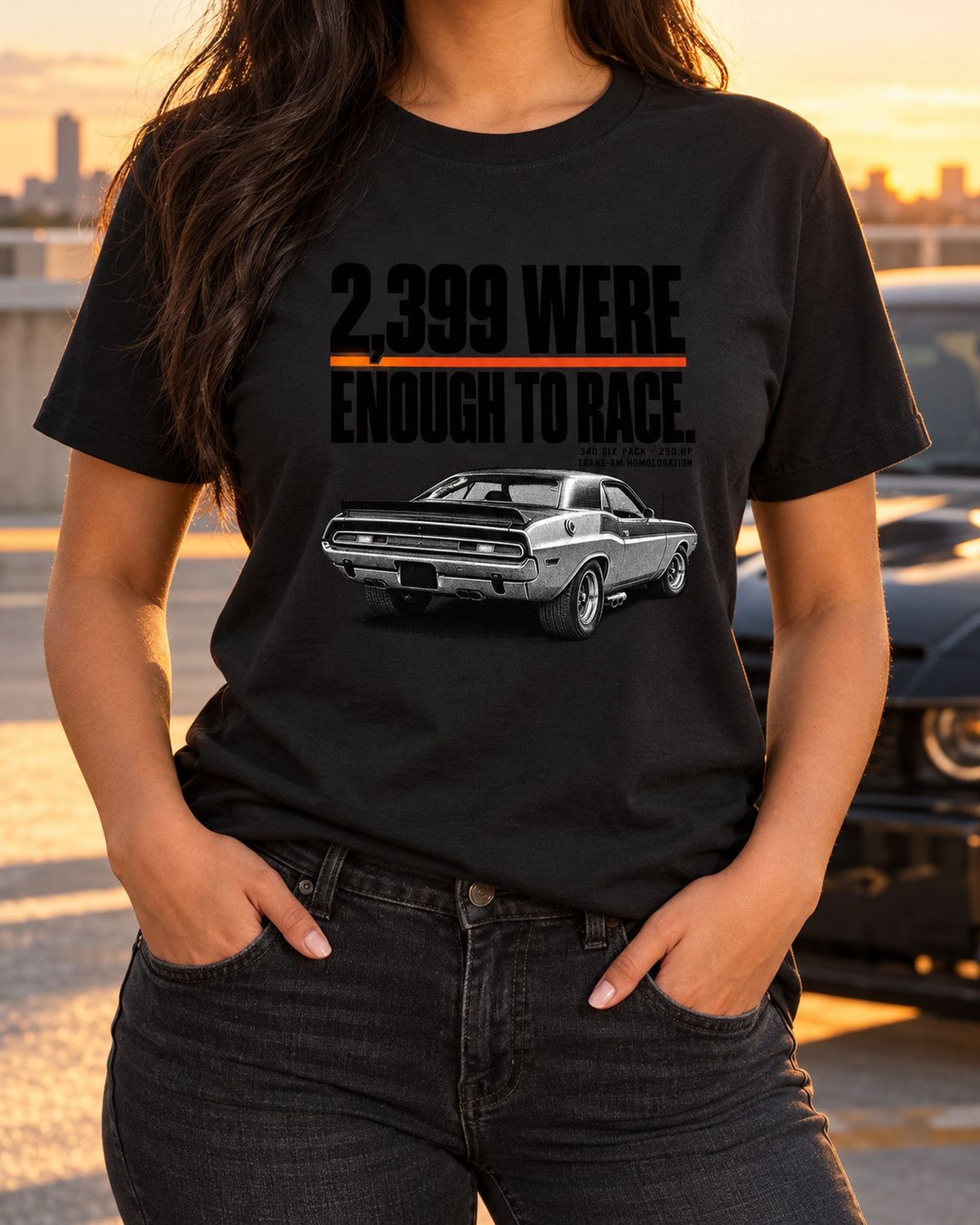 1970 Dodge Challenger T/A 340 Six Pack Halftone Tee T-Shirt Black worn hero