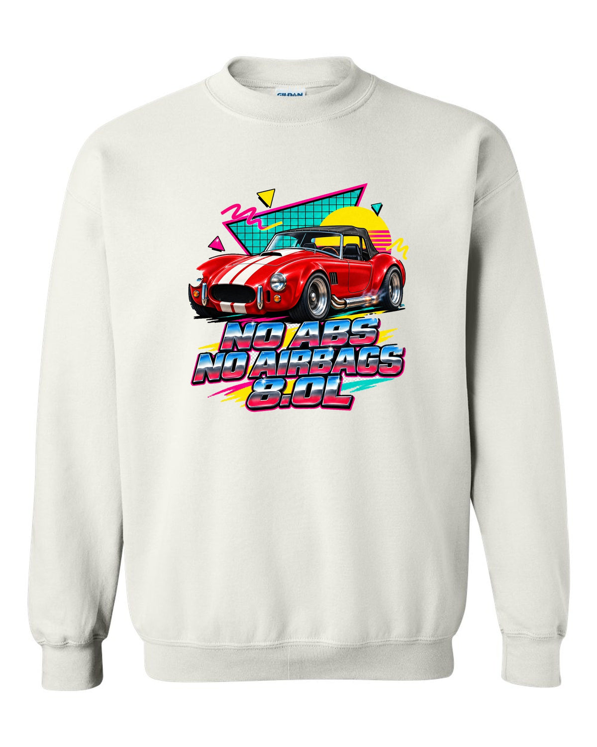 Airbrushed 90s Memphis grid print of a 1992 Dodge Viper RT/10 with no ABS text white crewneck front view with the design