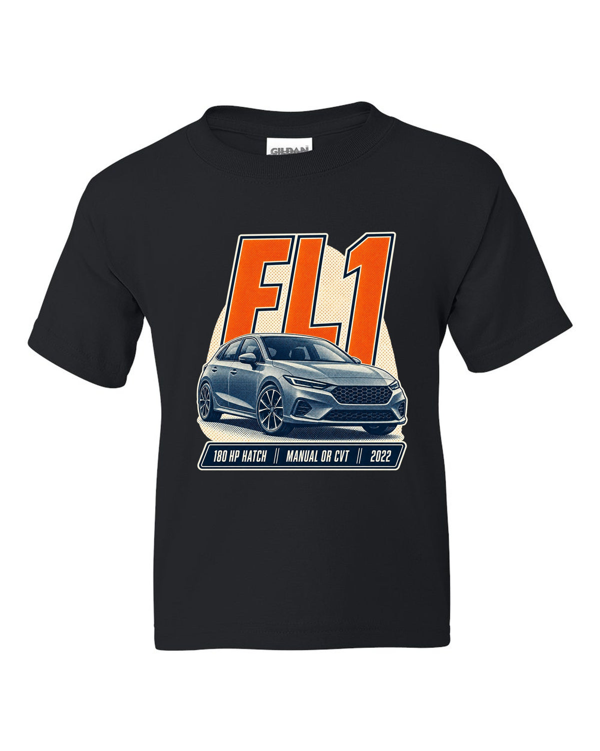 Honda Civic chback FL1 halftone front three-quarter print black kids tee front view with the design