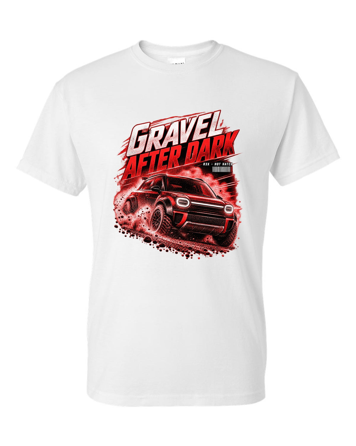 Rivian R3X hot ch with rally flares on a gravel road at night white t-shirt front view with the design