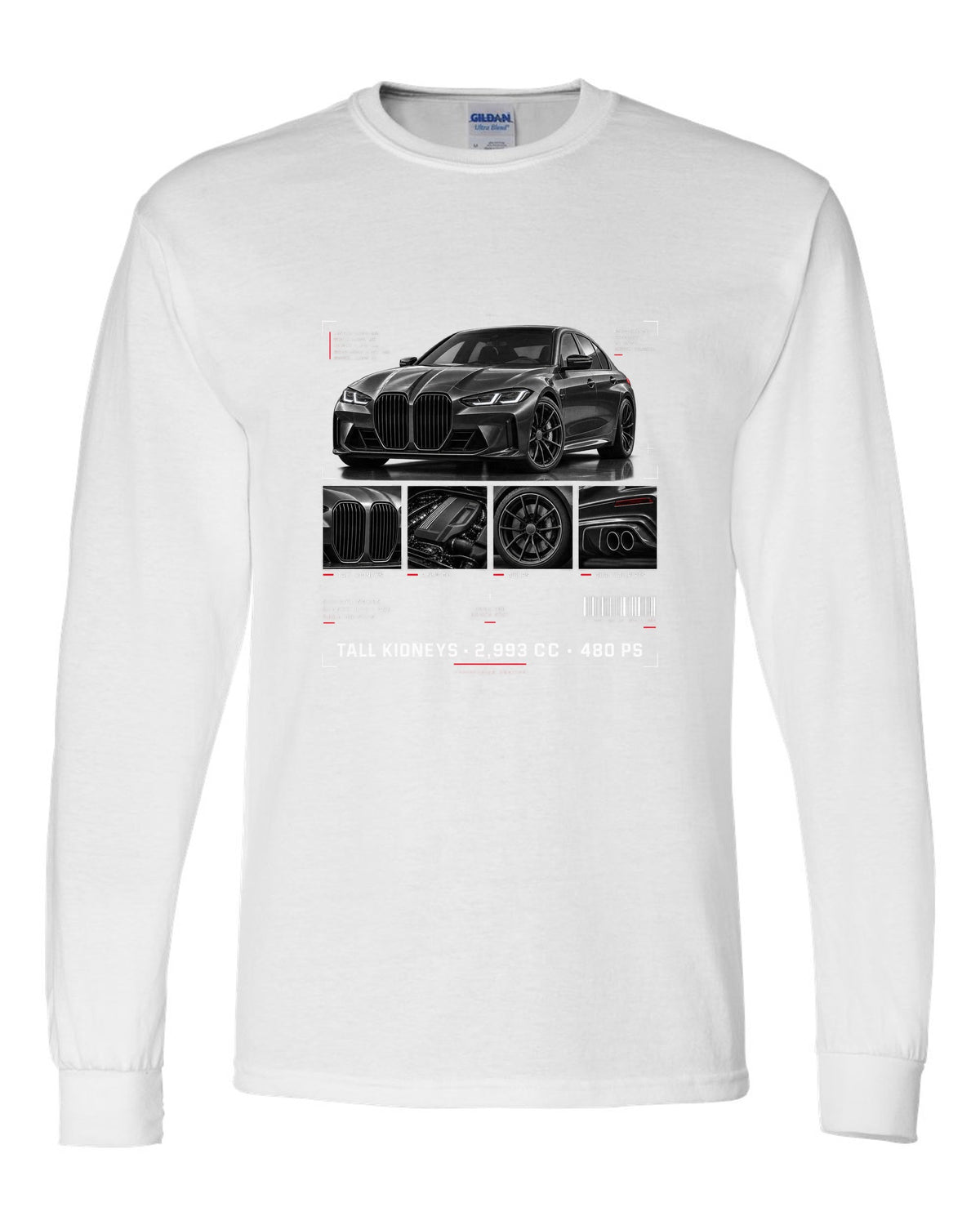 BMW G80 M3 dossier panel print with tall kidneys 2,993 cc and 480 PS white long sleeve front view with the design