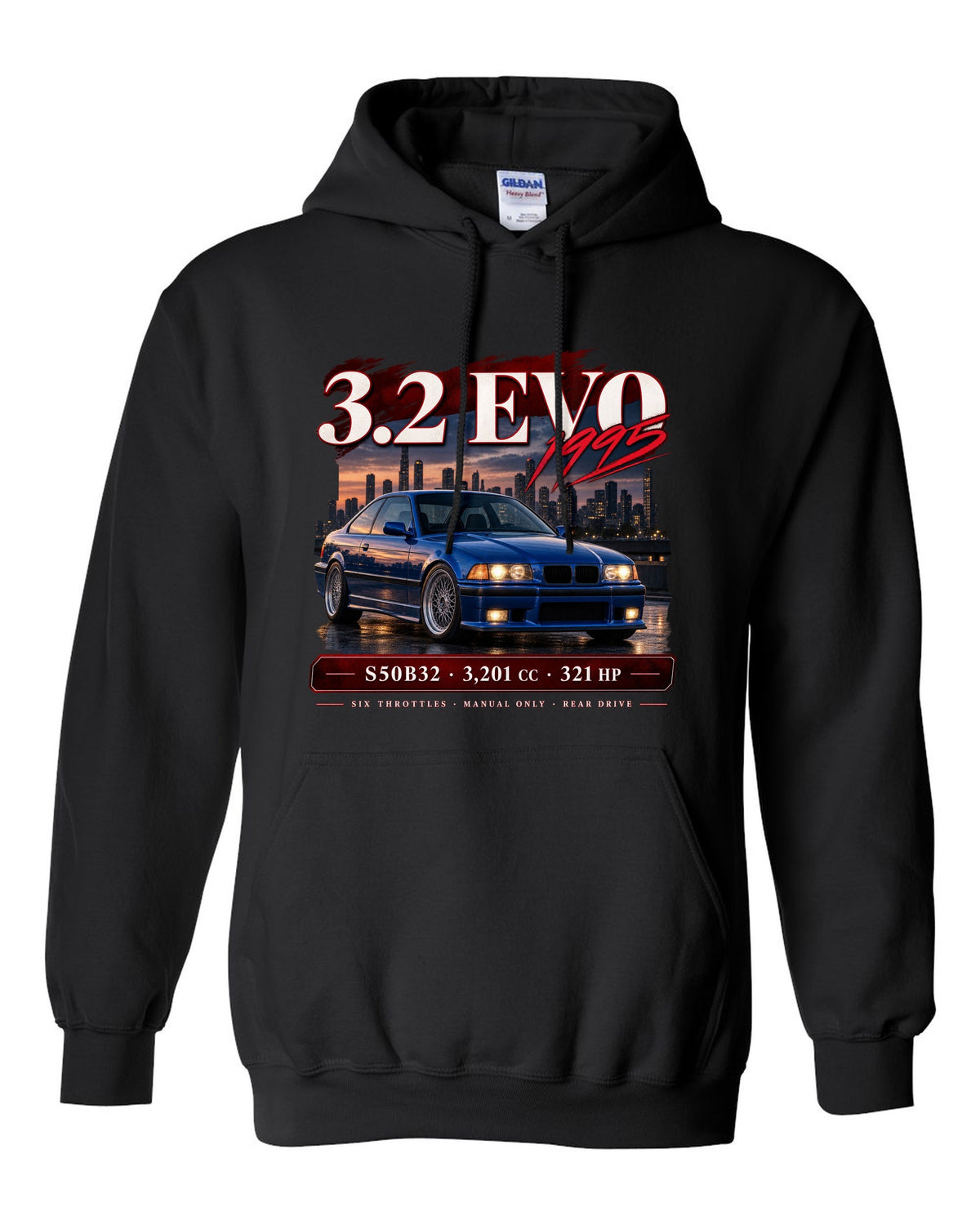 BMW E36 M3 3.2 Evo coupe archive panel print with S50B32 and 321 HP text black pull over hoodie front view with the design