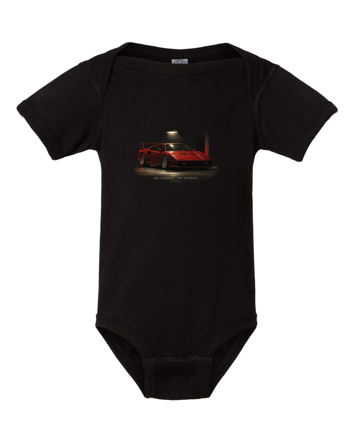 Ferrari F40 1987 front three-quarter at night, print: no carpet, no stereo, no notes black baby onesie front view with the design