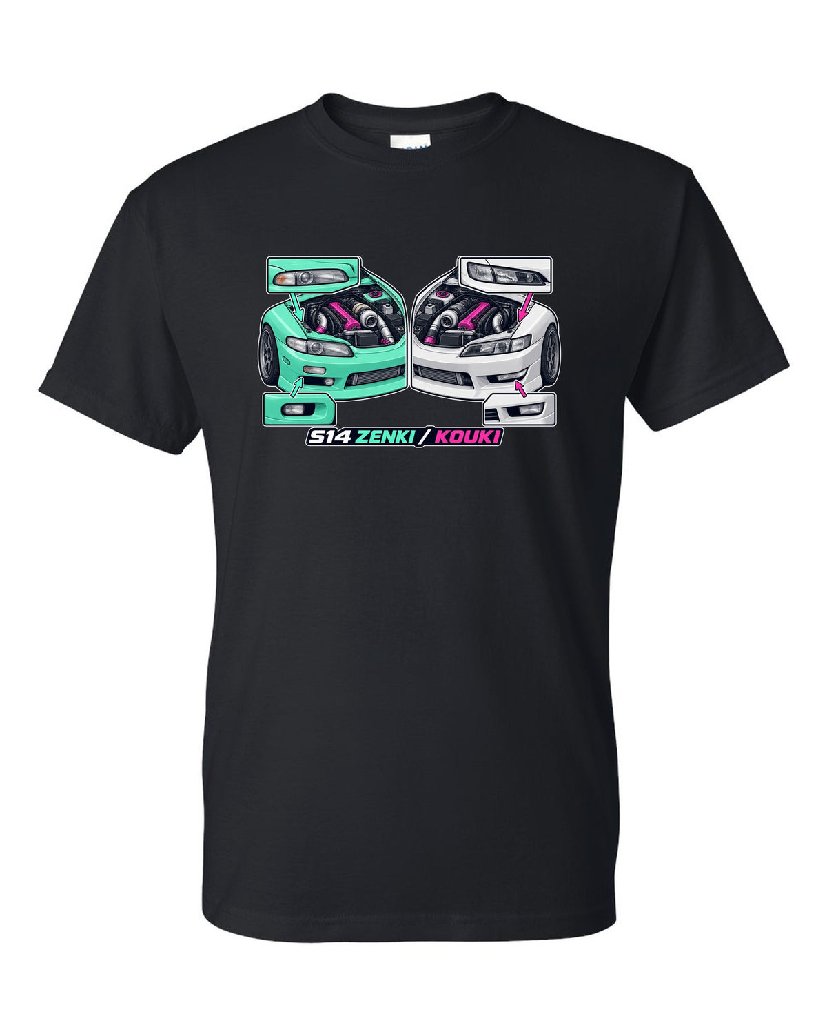 Isometric cutaway print of a 1993 Nissan Silvia S14 with Zenki and Kouki lettering black t-shirt front view with the design