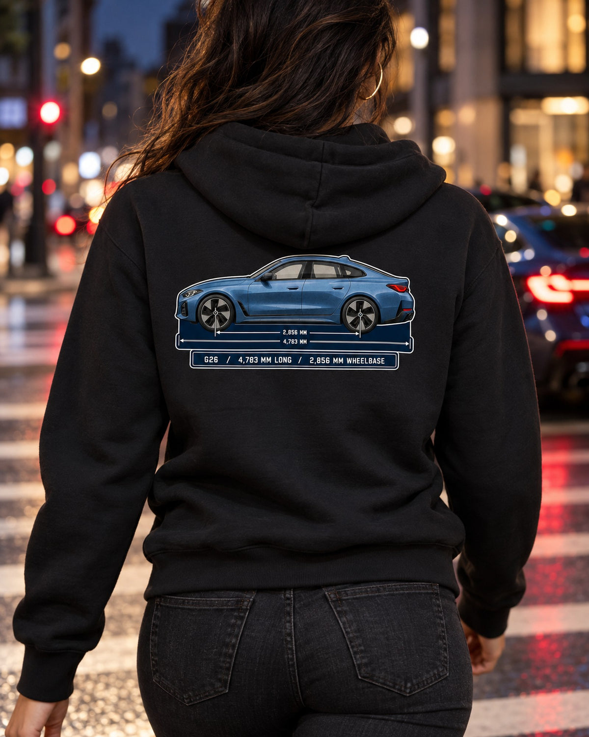 BMW i4 M50 G26 Gran Coupe Dimension Blueprint Shirt Zip Hoodie Black worn hero