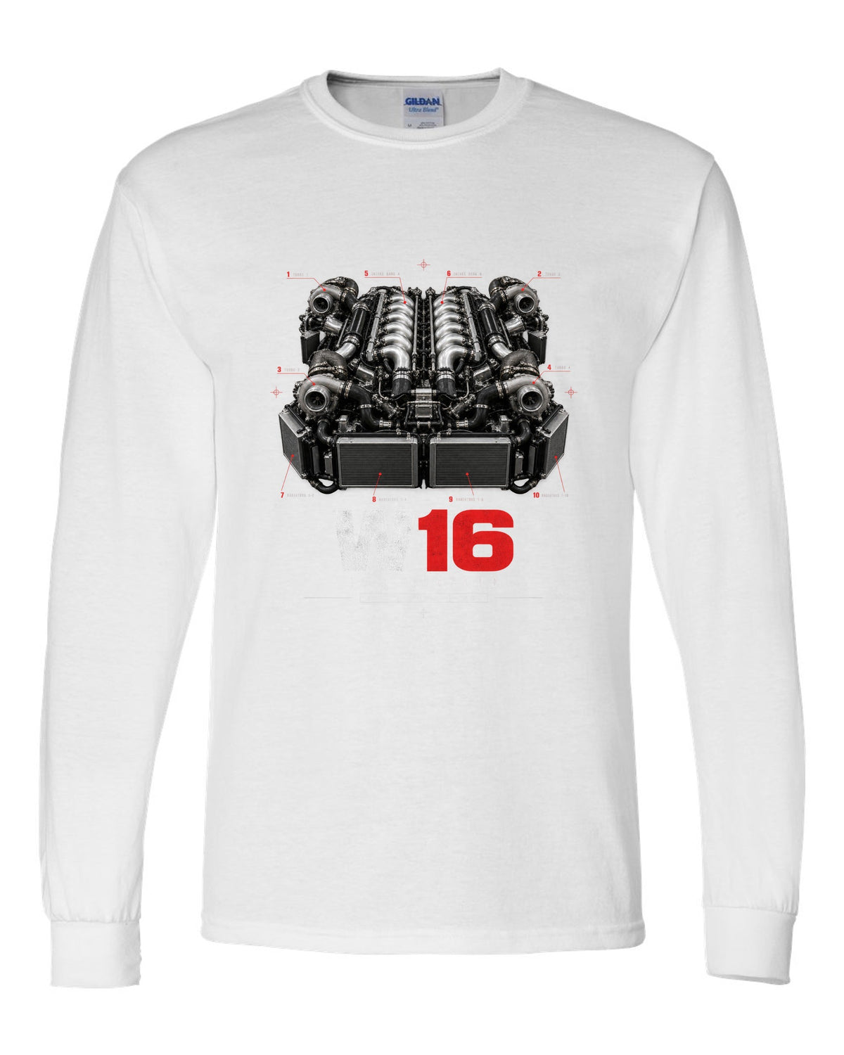 Bugatti Veyron 16.4 W16 engine poster with ten radiators white long sleeve front view with the design