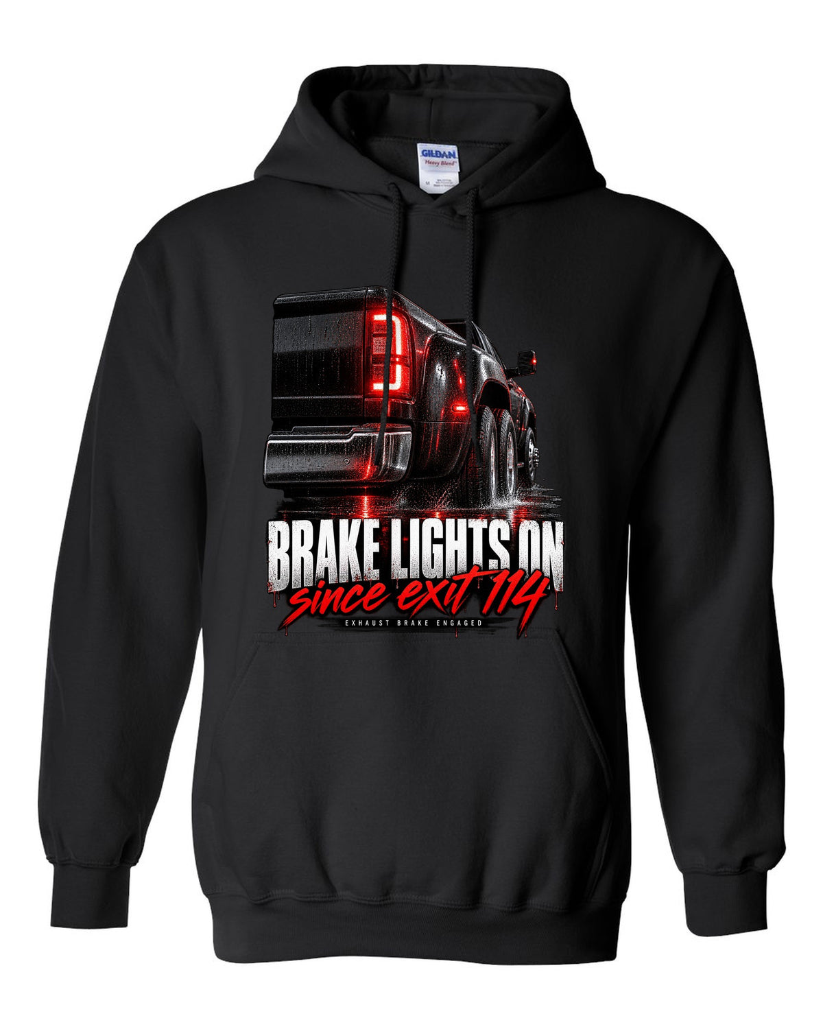 Taillight macro print of a 2019-2024 Ram HD 3500 dually with brake lights lit black pull over hoodie front view with the design