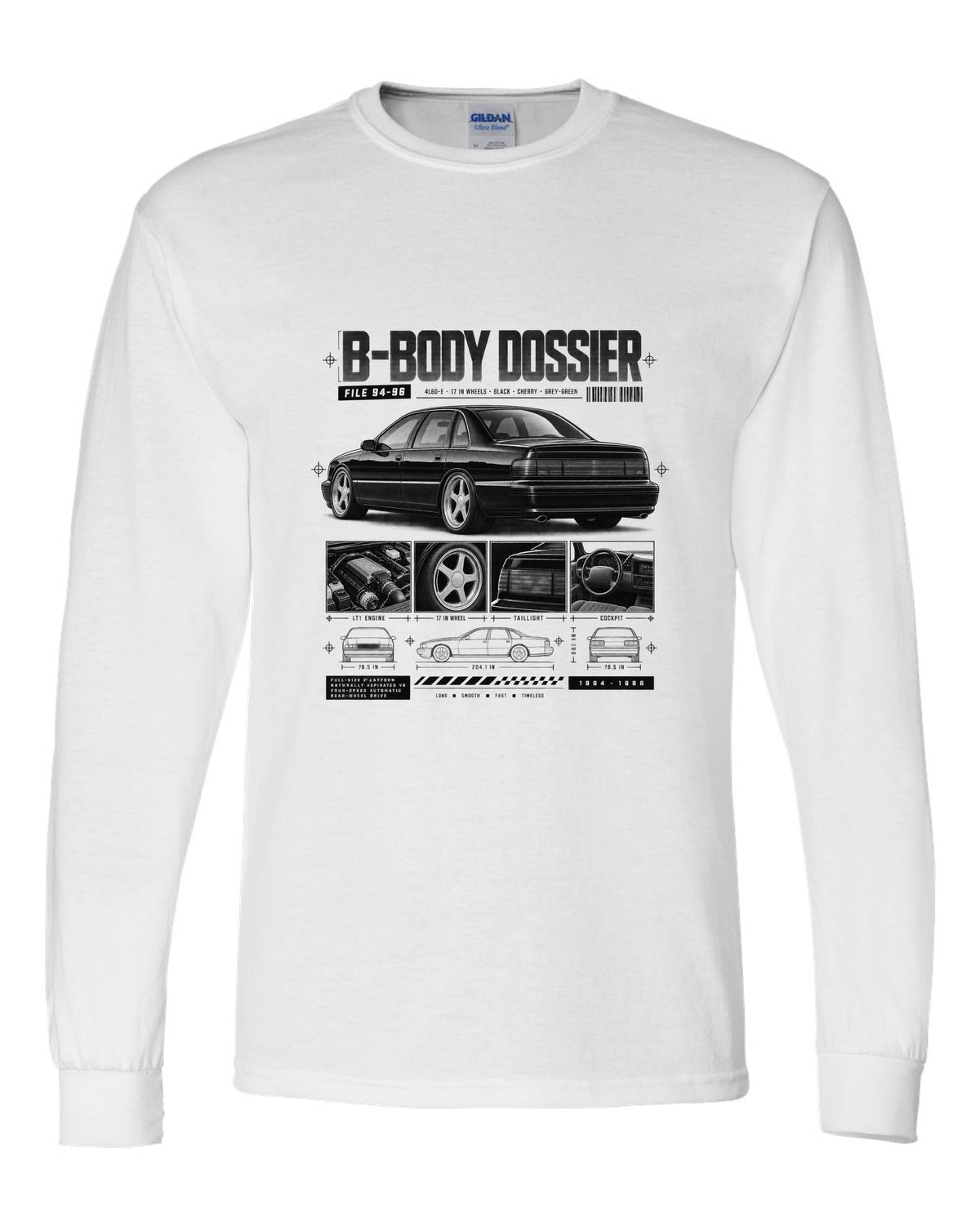1994-96 Impala SS B-body dossier panels print with 4L60-E and wheel notes white long sleeve front view with the design