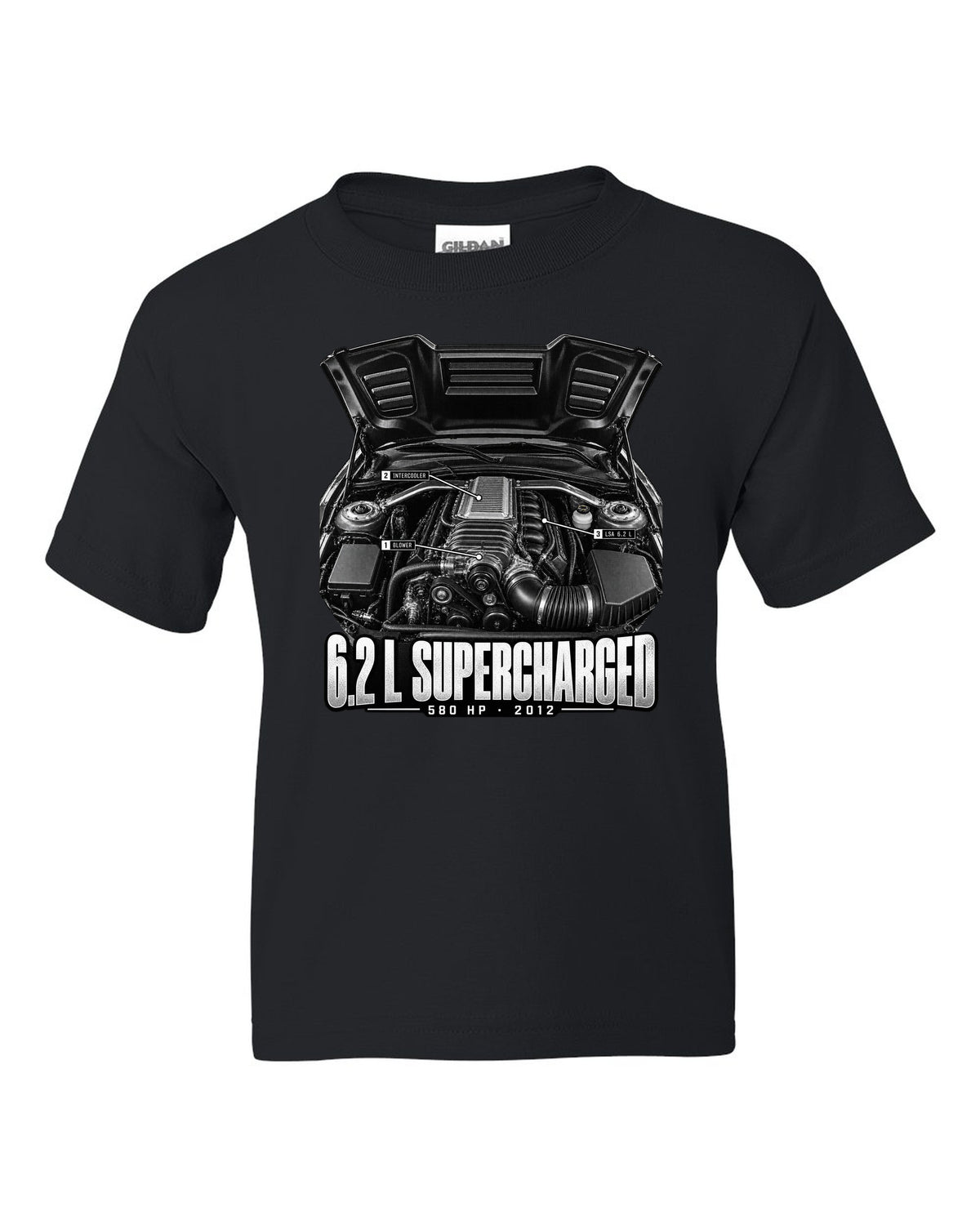 Engine hero print of a supercharged 6.2 L LSA in a 2013 Chevrolet Camaro ZL1 with numbered callouts black kids tee front view with the design