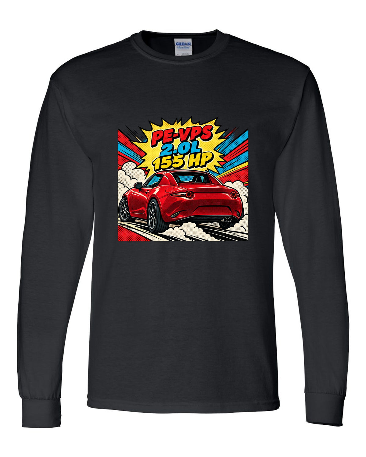 Comic halftone pop art Mazda MX-5 ND RF with PE-VPS 2.0L 155 HP spec line black long sleeve front view with the design