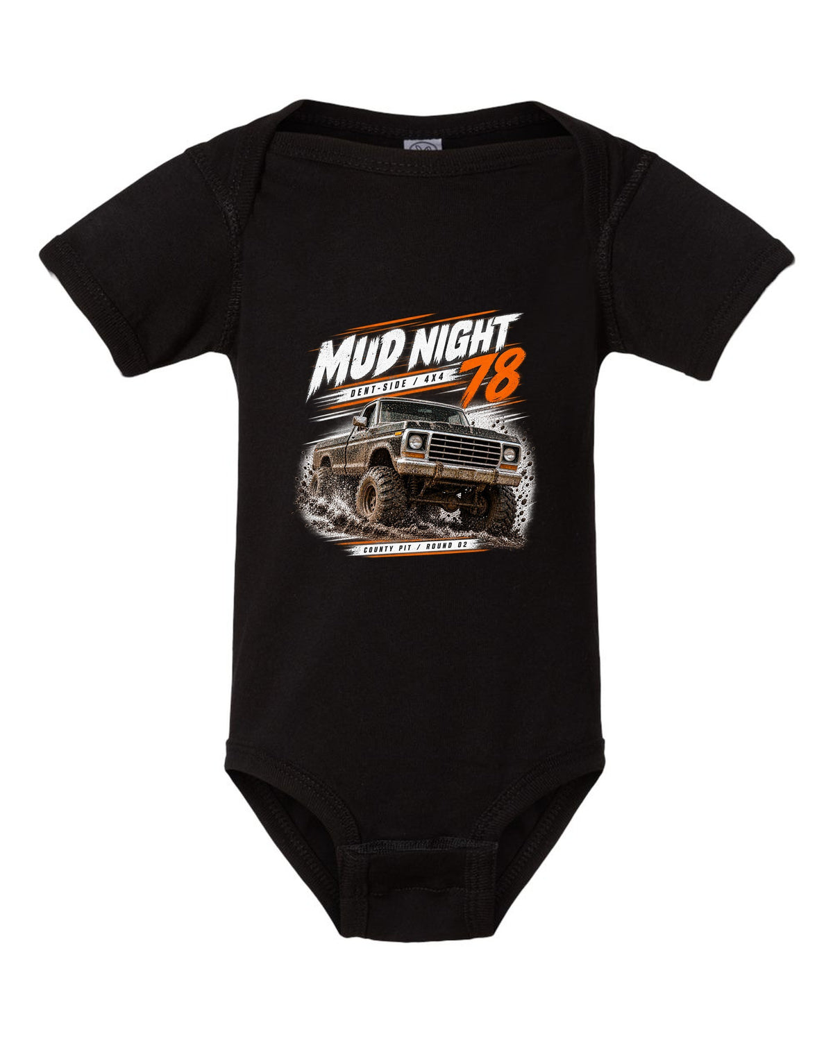 Ford F-150 Dent-Side 1973-79 4x4 Mud Night Race Poster Tee black baby onesie front view with the design