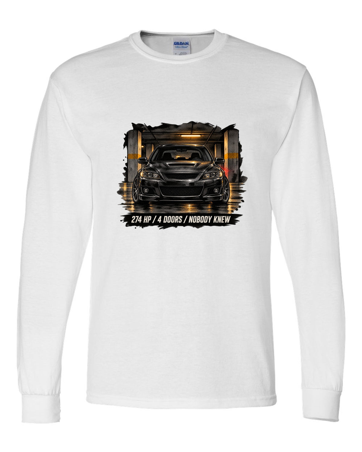 Noir ink wash illustration of a Mazdaspeed6 GG in a garage with 274 HP / 4 DOORS lettering white long sleeve front view with the design