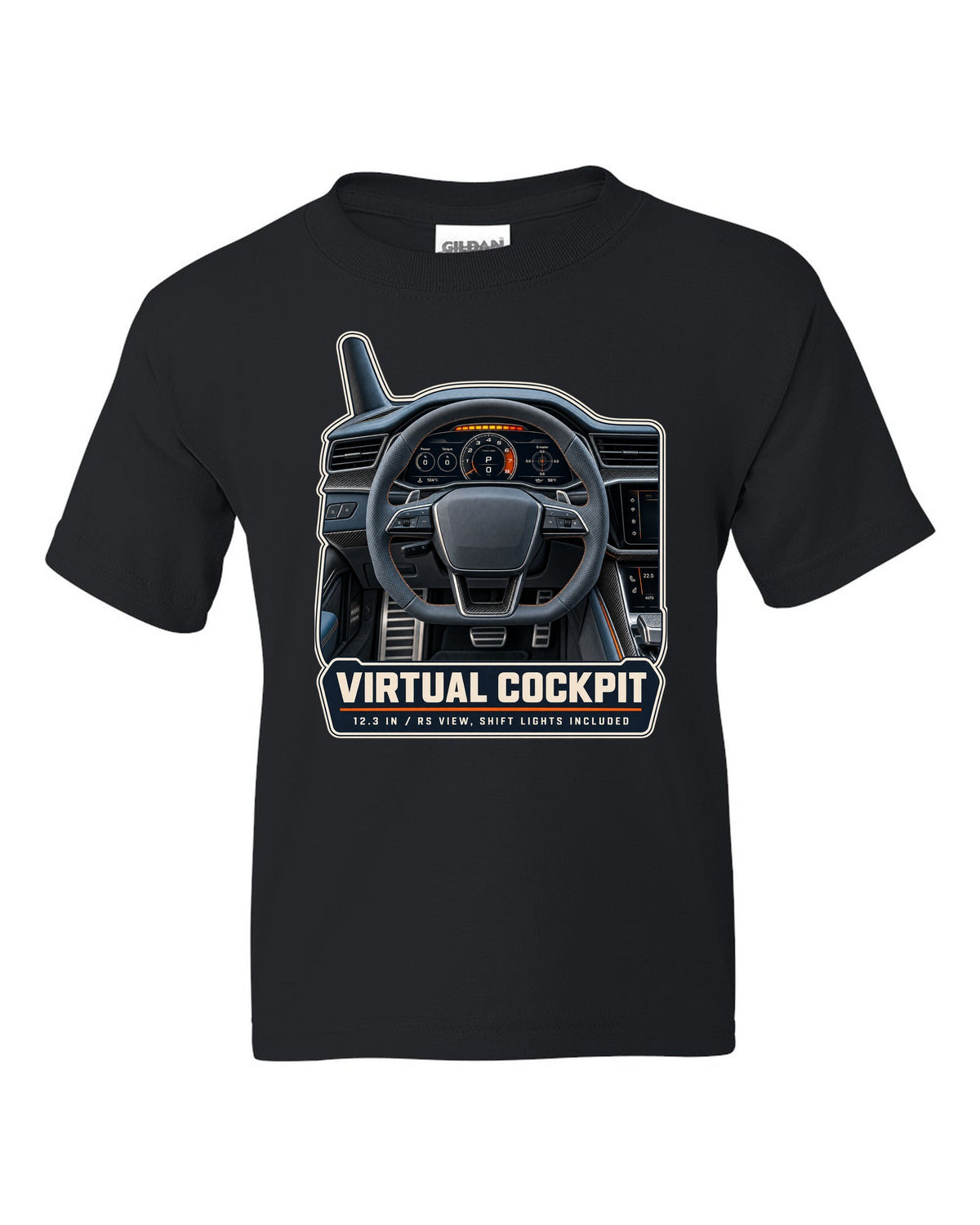 Audi RS7 Sportback C8 virtual cockpit gauge cluster print design black kids tee front view with the design