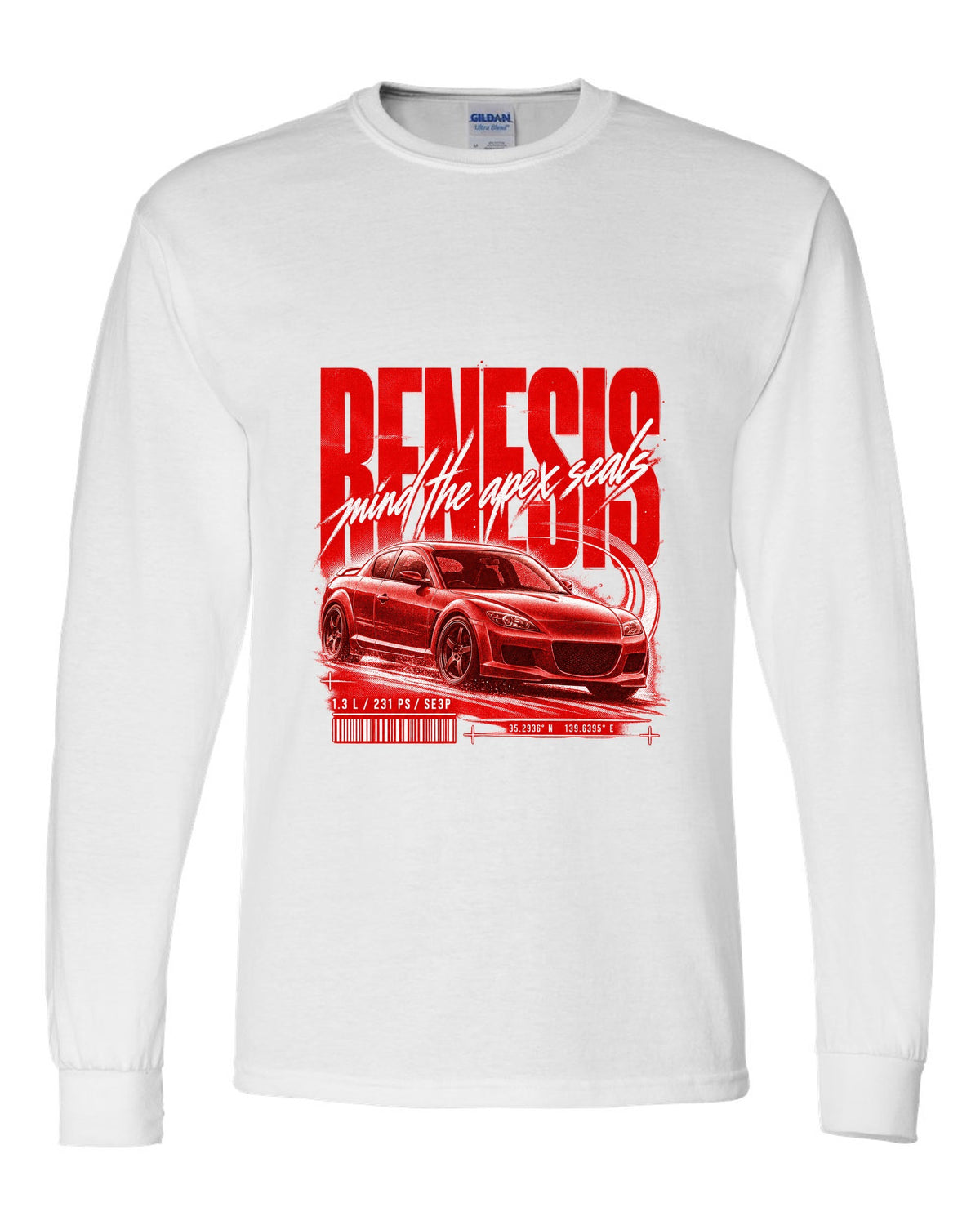 Street poster print of a Mazda RX-8 SE3P Series 1 with Renesis lettering white long sleeve front view with the design