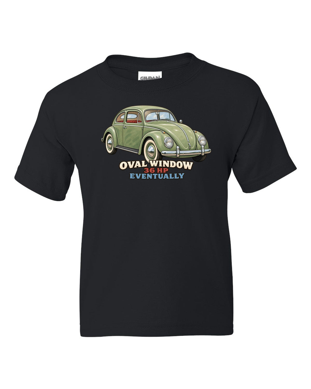 Gouache painted print of a 1956 VW Beetle Type 1 oval window with 36 HP lettering black kids tee front view with the design