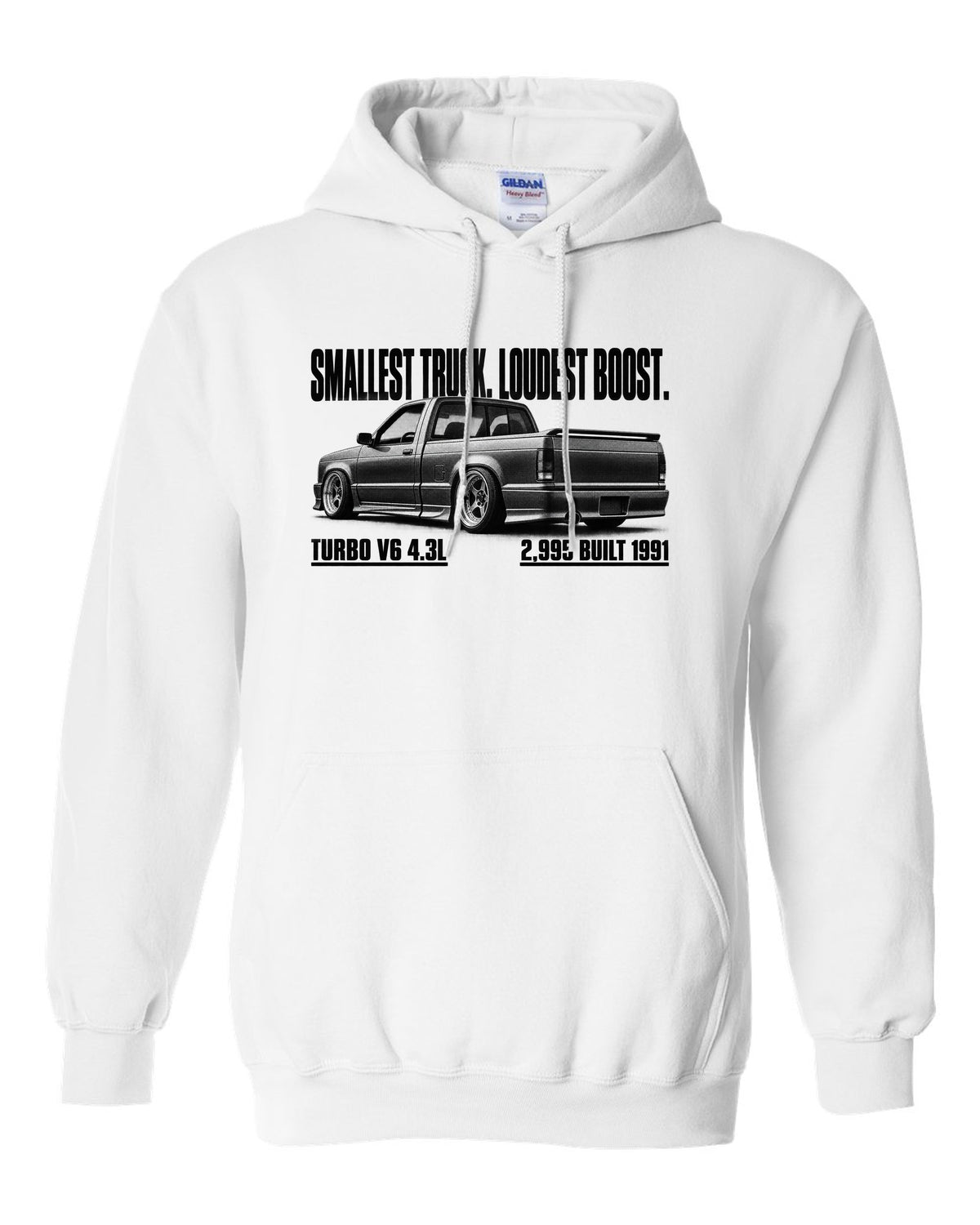 1991 GMC Syclone halftone profile with boost headline, print white pull over hoodie front view with the design