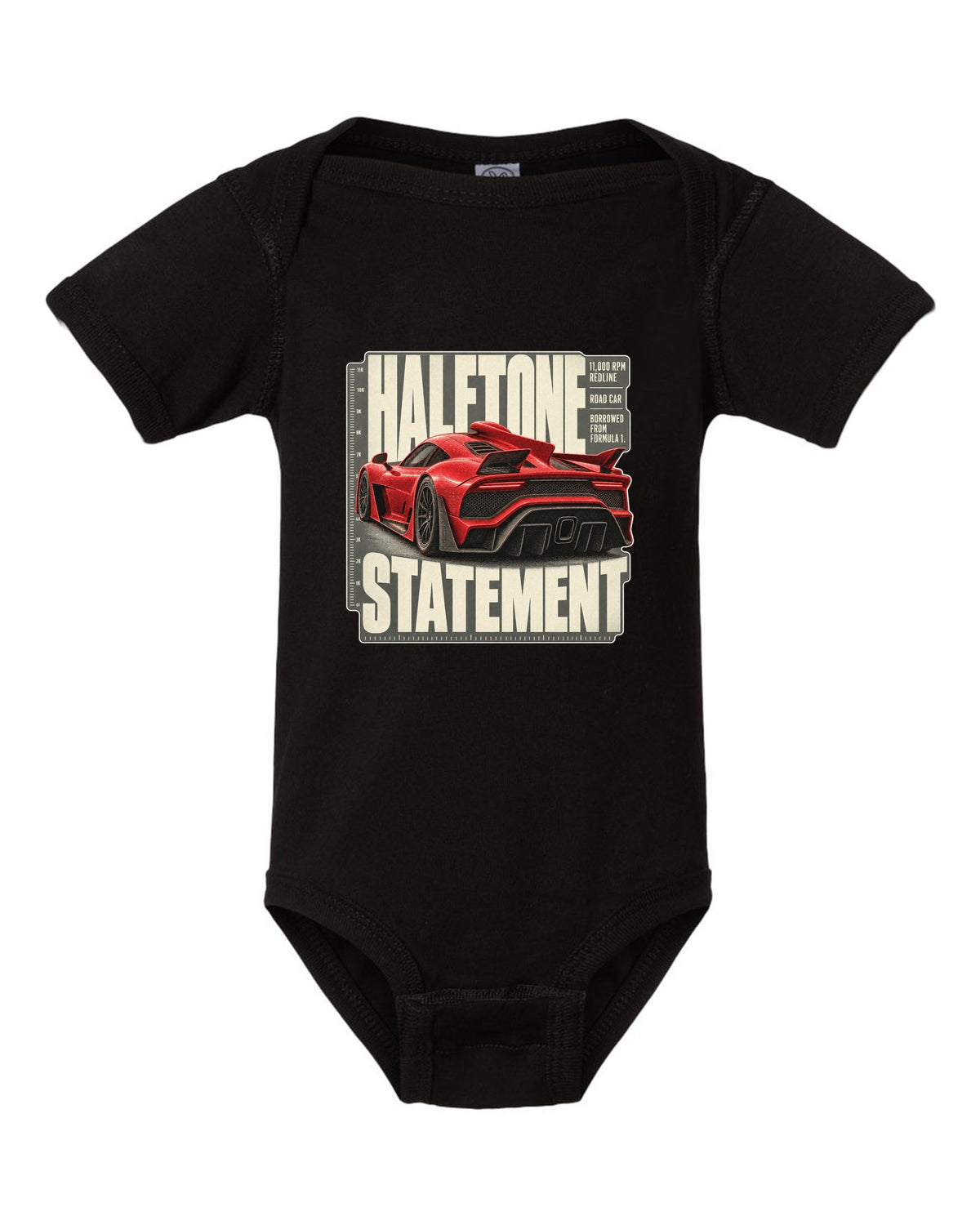 Mercedes-AMG One halftone design of the shark-fin airscoop black baby onesie front view with the design