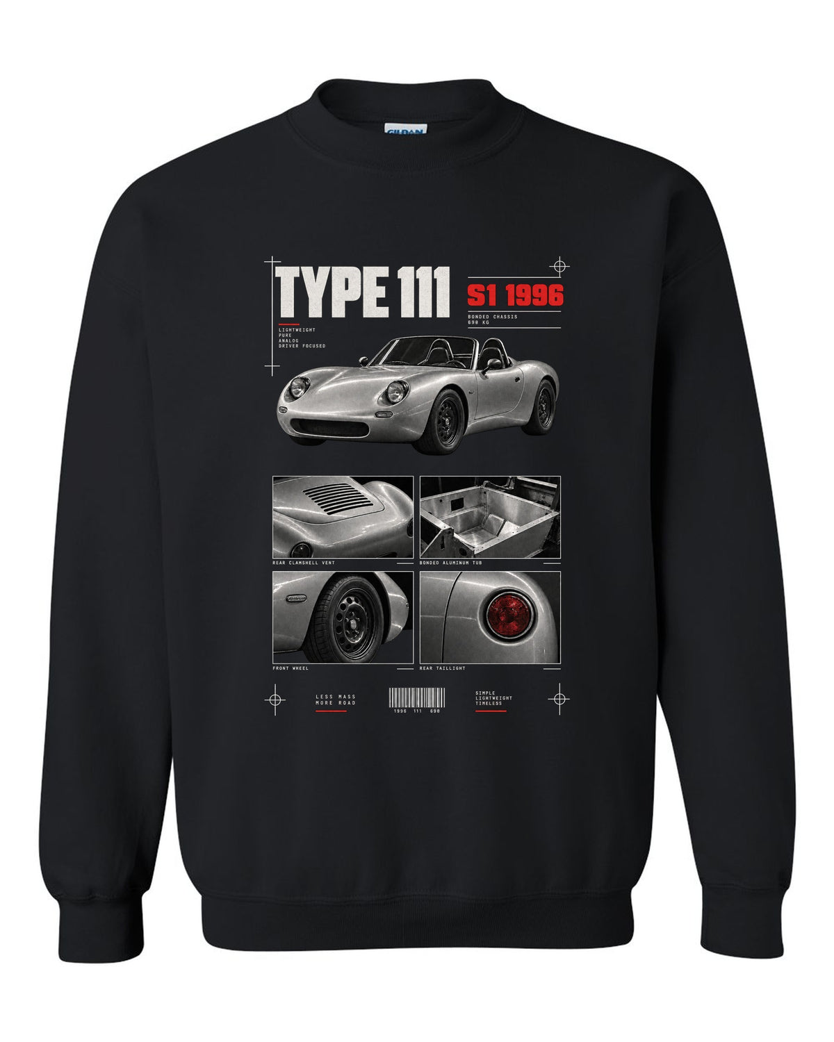 Dossier panel print of a 1996 Lotus Elise S1 Type 111 with bonded aluminium chassis black crewneck front view with the design