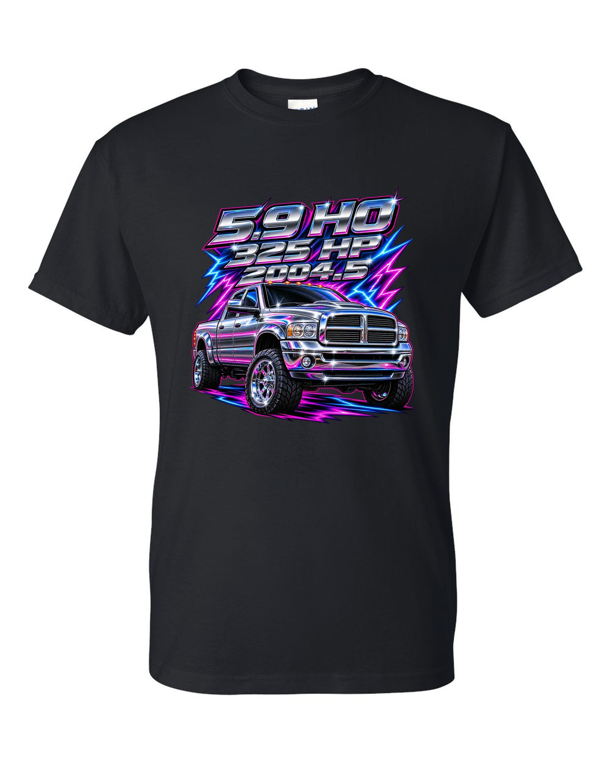 80s chrome airbrush print of a 2003-2009 Dodge Ram 2500 Cummins with 5.9 HO 325 HP 2004.5 text black t-shirt front view with the design