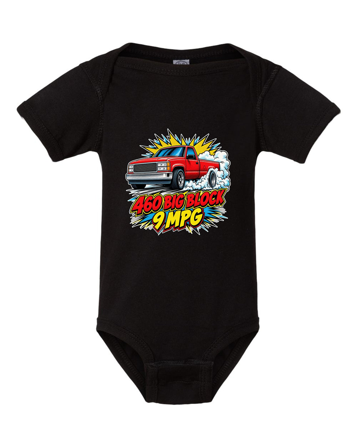 Comic halftone pop-art print of a 1992-97 Ford F-150 OBS burnout with 460 big block text black baby onesie front view with the design