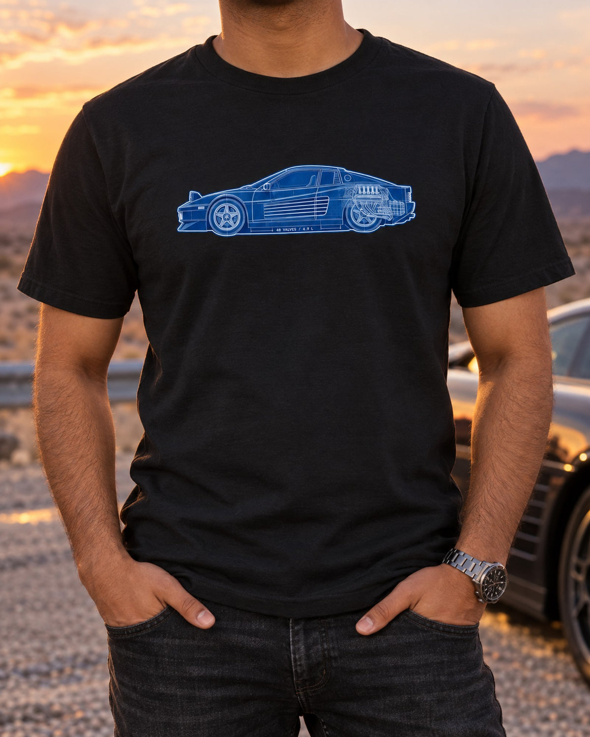 Ferrari Testarossa F110 Flat-12 Cyanotype Blueprint Tee T-Shirt Black worn hero