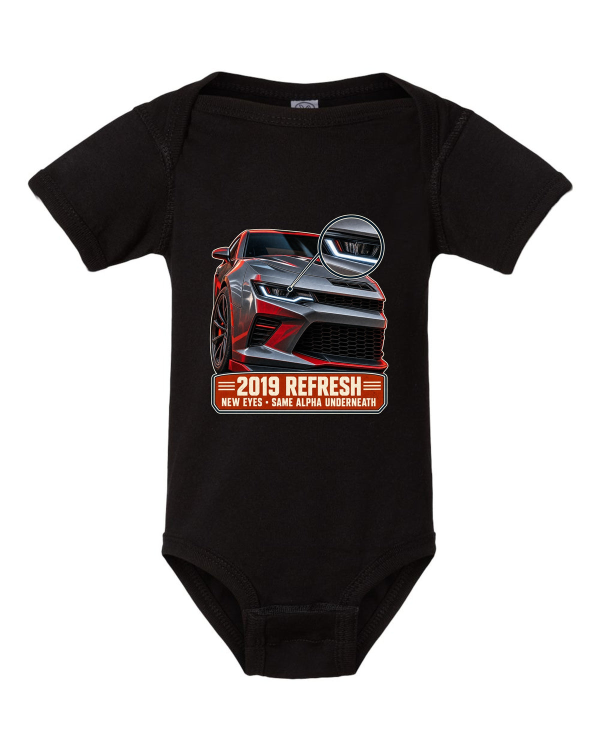 Macro detail print of a 2019 Chevrolet Camaro SS refresh black baby onesie front view with the design
