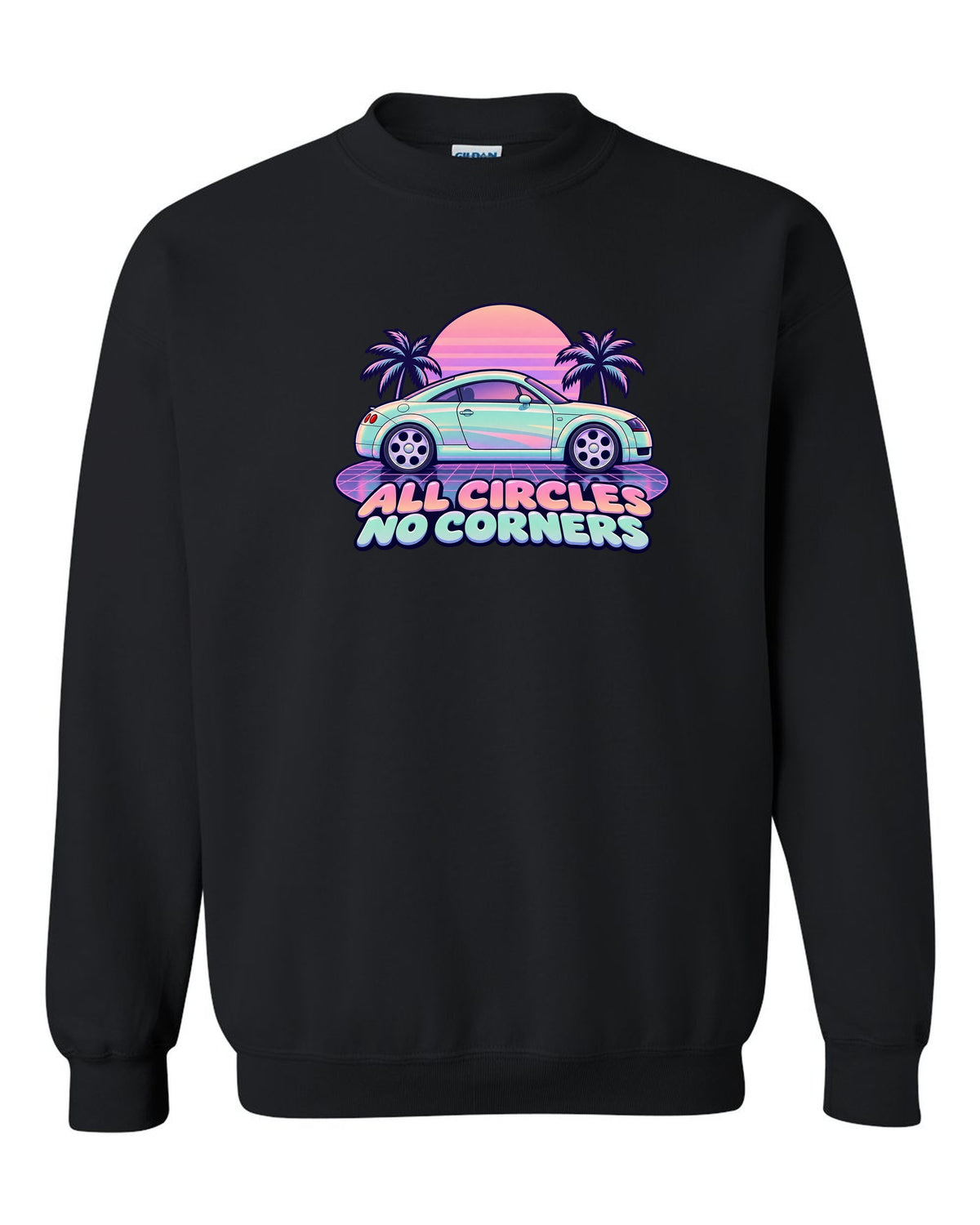 Pastel vaporwave print of an Audi TT Coupe 8N with all circles no corners text black crewneck front view with the design