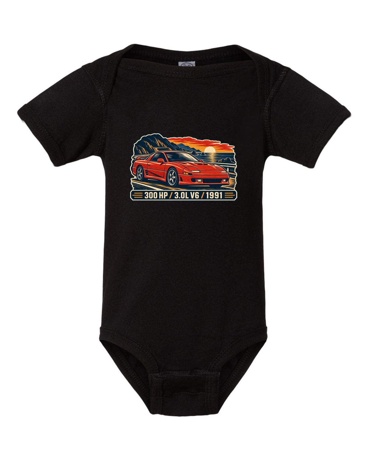 Linocut woodcut print of the Mitsubishi 3000GT VR-4 with 300 HP 3.0L V6 1991 text black baby onesie front view with the design