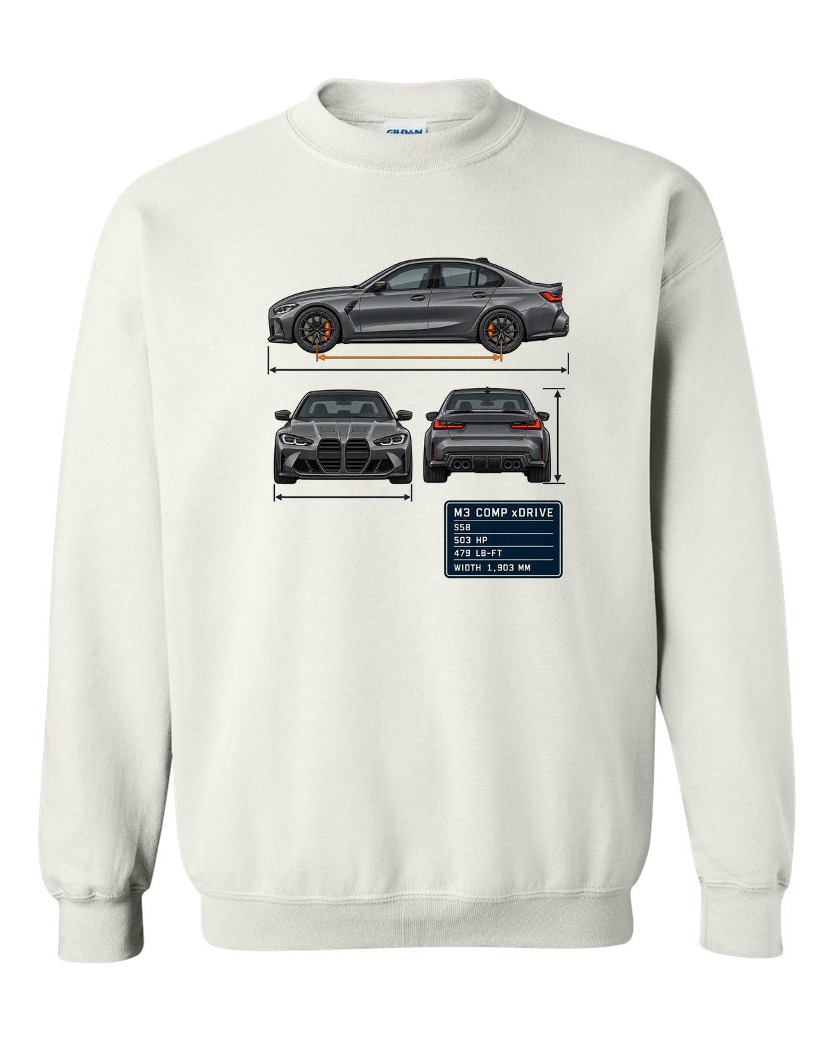 BMW M3 Competition xDrive G80 three-view drawing with spec table print white crewneck front view with the design