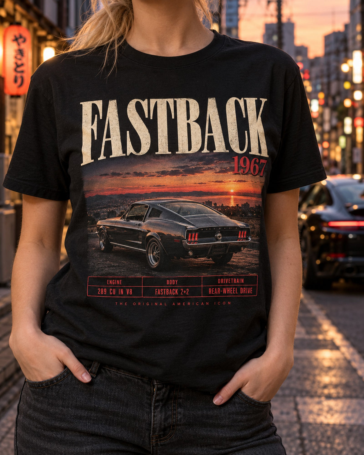 1967 Ford Mustang Fastback Spec Panel Shirt, 289 V8 Archive T-Shirt Black worn hero