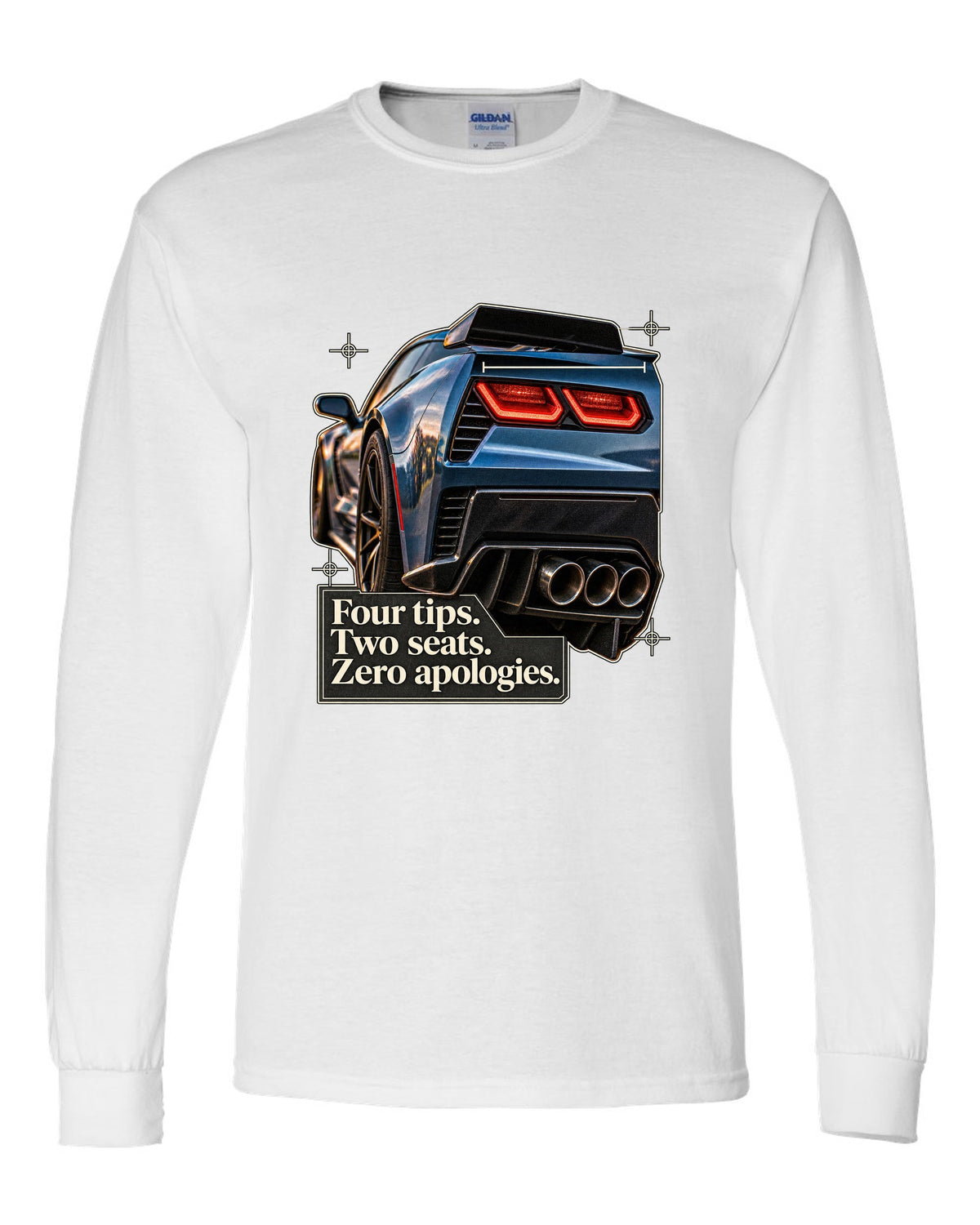 print of a Chevrolet Corvette C7 Z06 rear tail macro with four exhaust tips text white long sleeve front view with the design