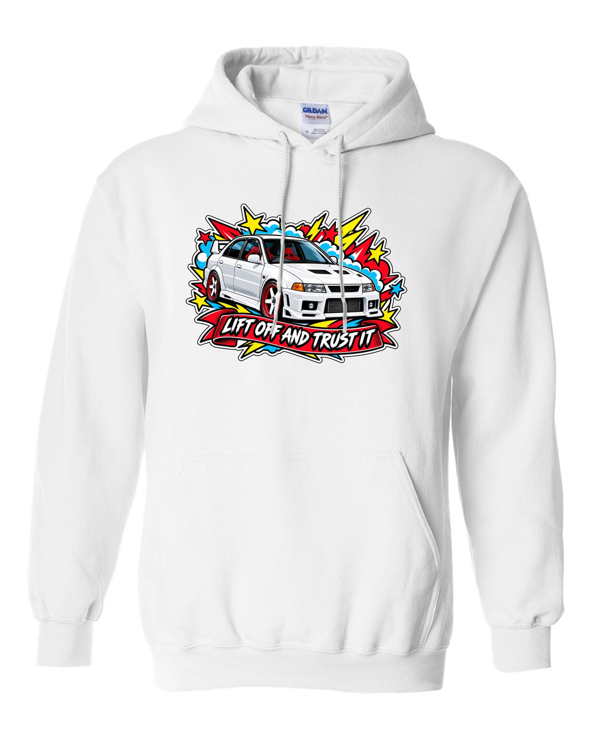 Sticker-bomb collage print for the Mitsubishi Evo VI CP9A with the text lift off and trust it white pull over hoodie front view with the design
