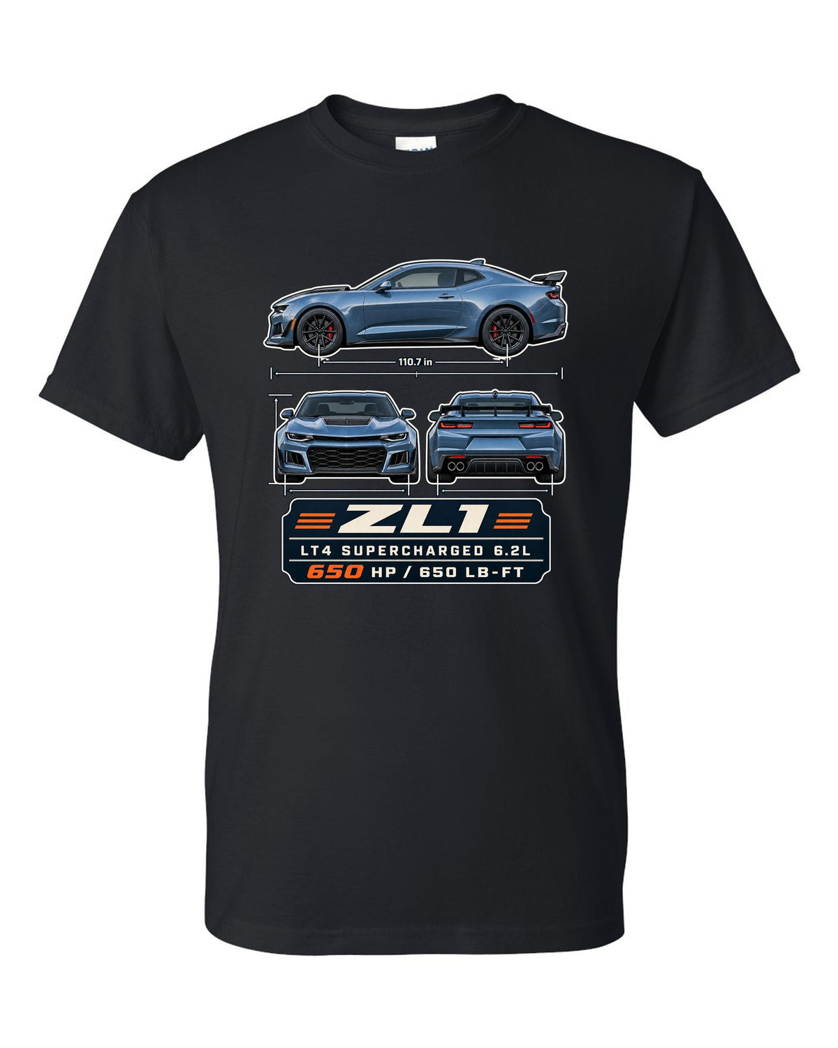 Three-view plate print of a 6th generation Chevrolet Camaro ZL1 black t-shirt front view with the design
