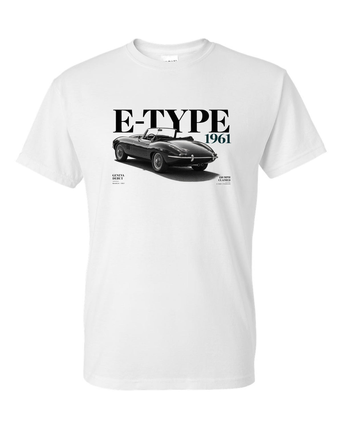 Jaguar E-Type roadster 1961 Geneva debut editorial poster white t-shirt front view with the design