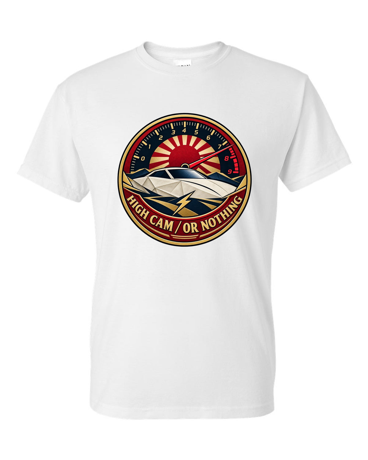 Origami-style crest of a Toyota Celica ZZT231 with the words High Cam or Nothing white t-shirt front view with the design