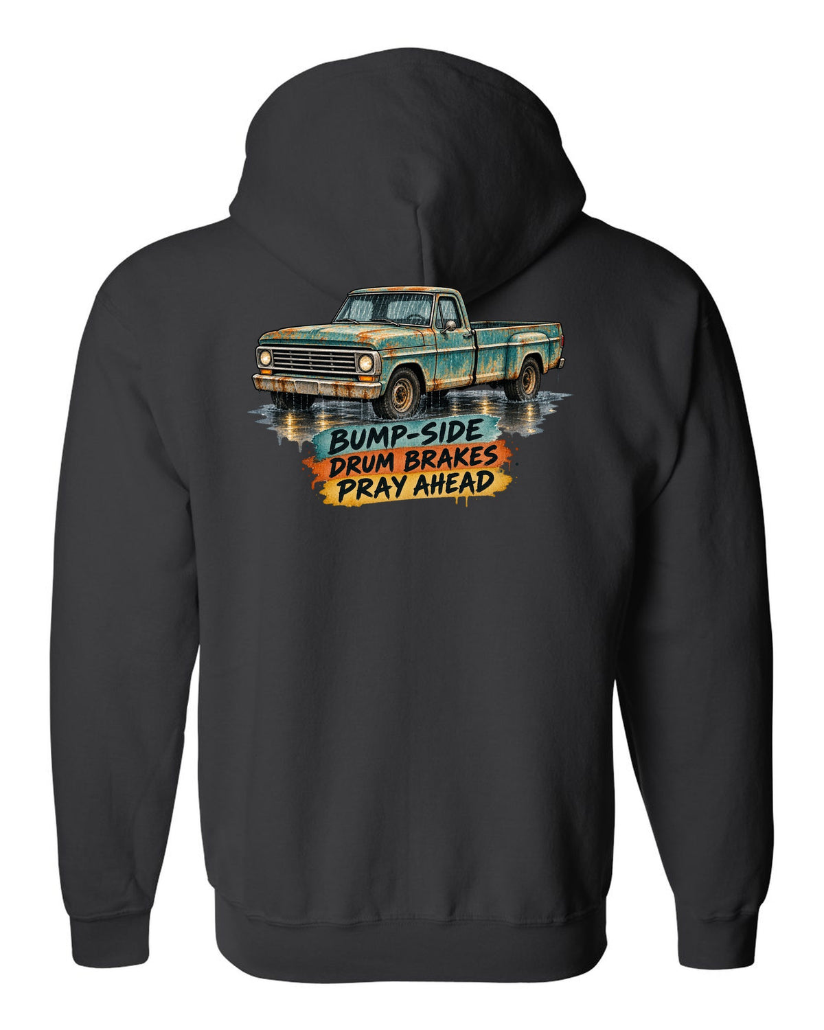 1967-72 Ford F-Series Bump-Side Barn Find Watercolour black zip hoodie back view with the design