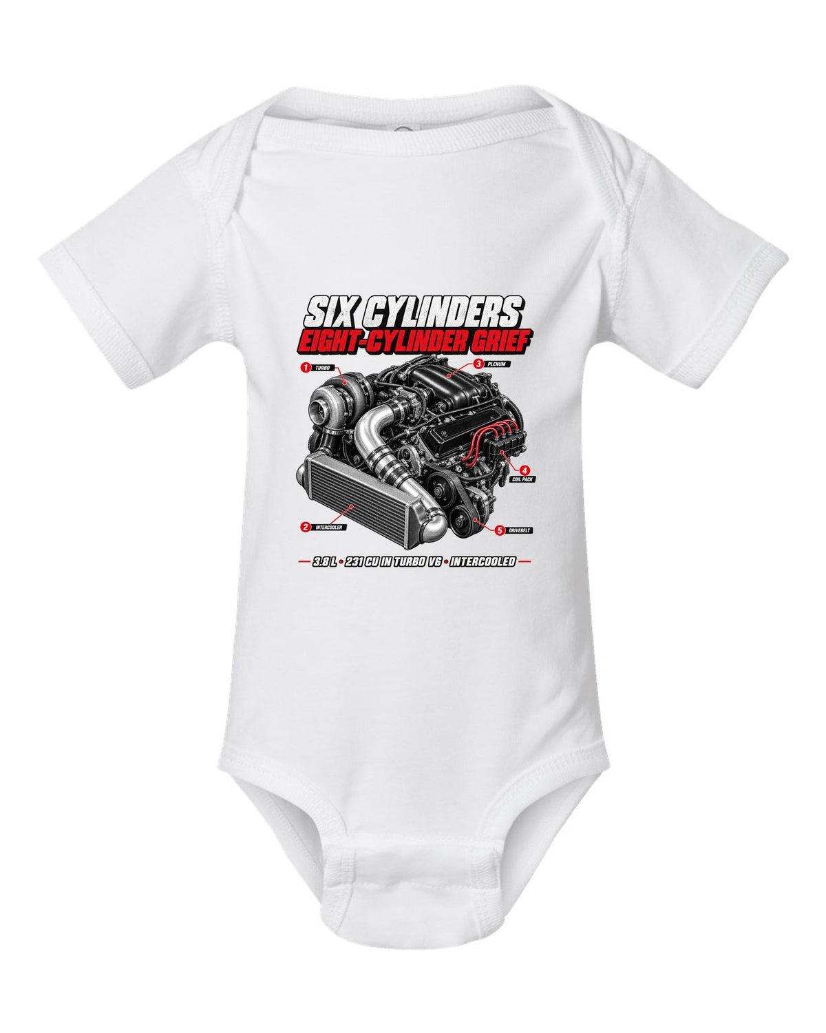 1987 Buick Grand National 3.8 turbo V6 engine callout print white baby onesie front view with the design