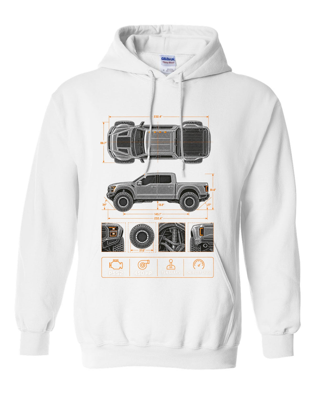 Ford F-150 Raptor Gen 2 P552 spec poster print with 450 HP and ten gears white pull over hoodie front view with the design