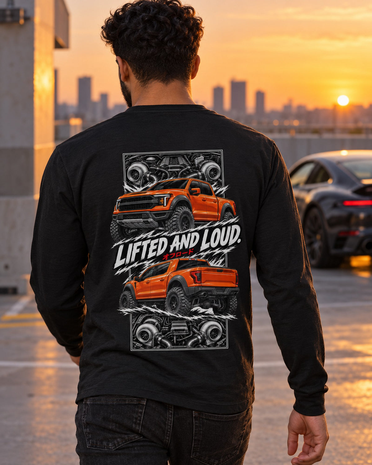 Ford F-150 Raptor Torn Poster Full-Back Graphic Tee Long Sleeve Black worn hero