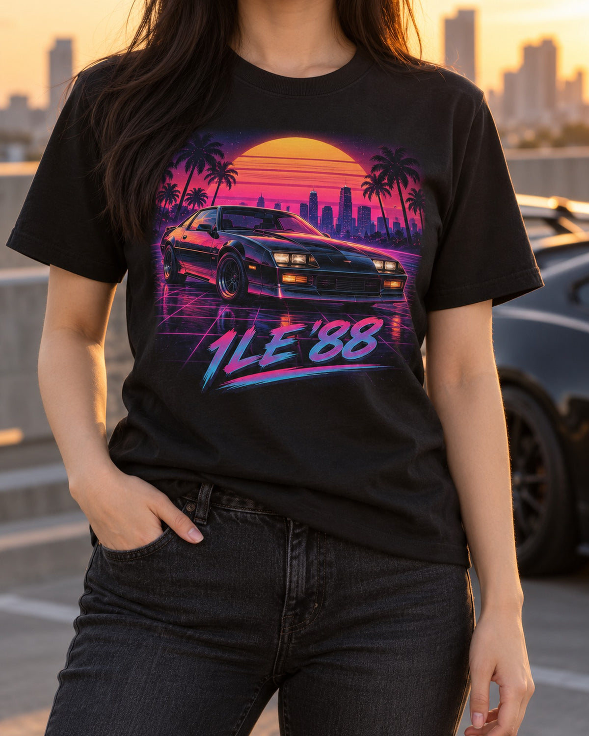 Camaro 1LE 1988 IROC Synthwave Shirt, Retro Grid Tee T-Shirt Black worn hero