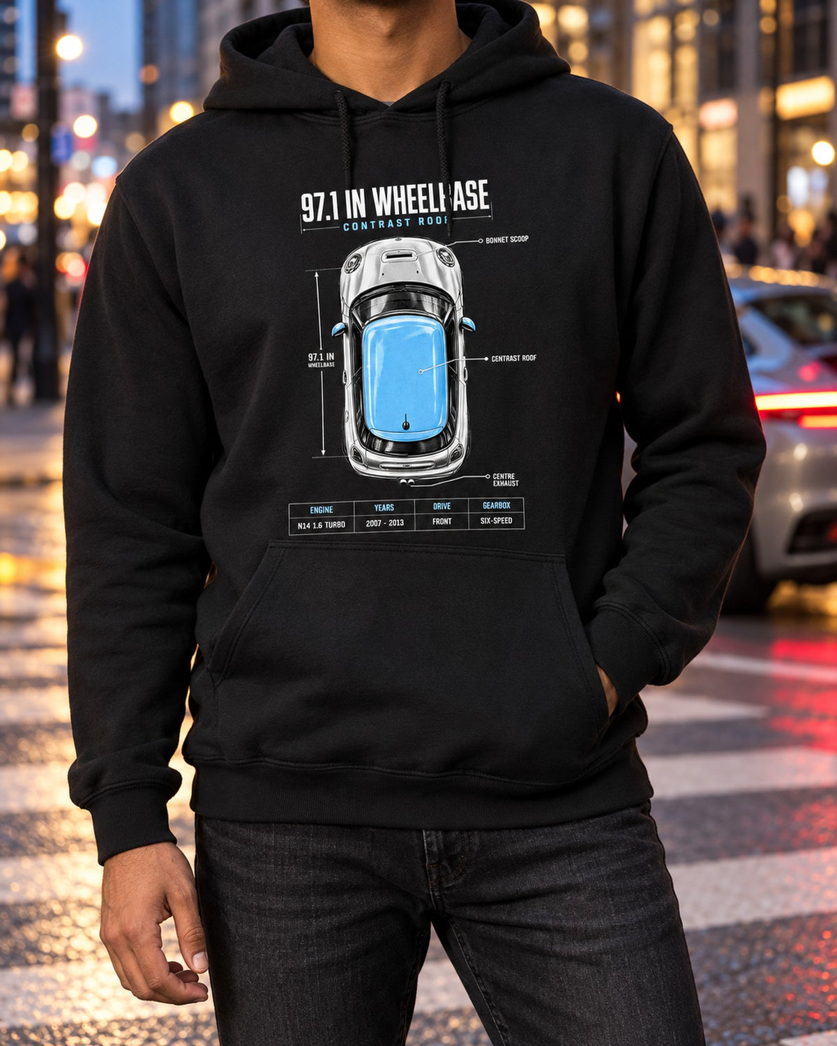Mini Cooper S R56 Top-Down Spec Poster Tee, Contrast Roof Pull Over Hoodie Black worn hero