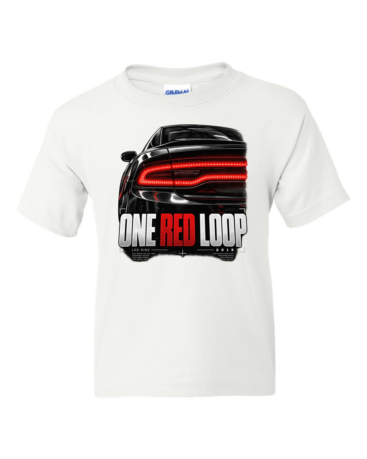 Macro print of a 2015 Dodge Charger LX/LD red LED ring taillight white kids tee front view with the design