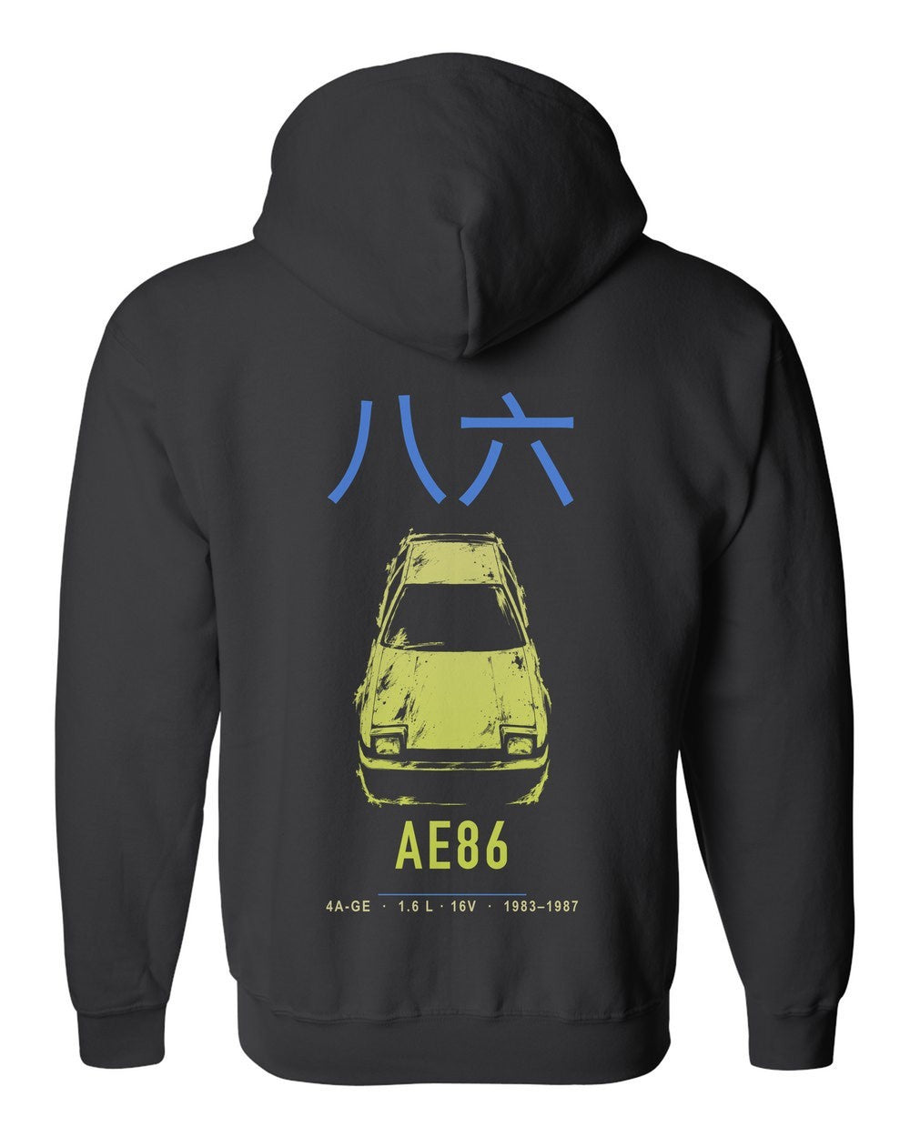 AE86 full-back artwork black zip hoodie back view with the design