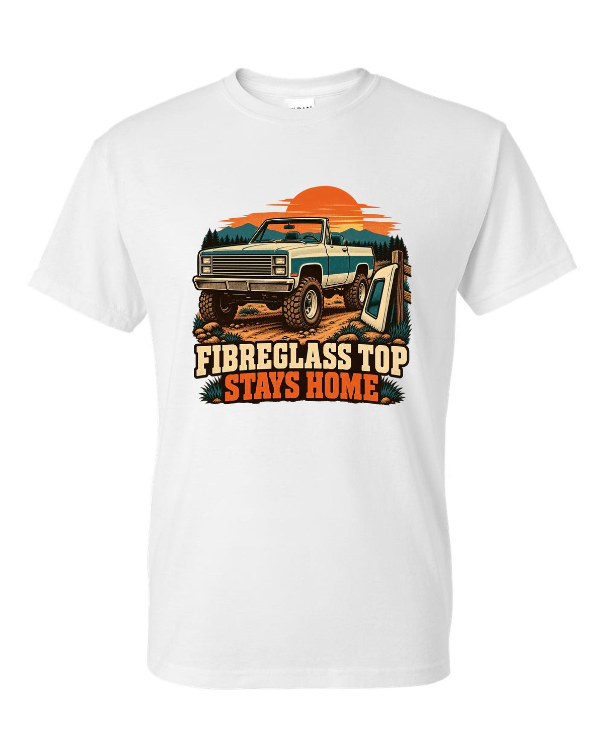 Retro two-colour print of a 1973-91 Chevrolet K5 Blazer with the top removed and FIBREGLASS TOP STAYS HOME text white t-shirt front view with the design