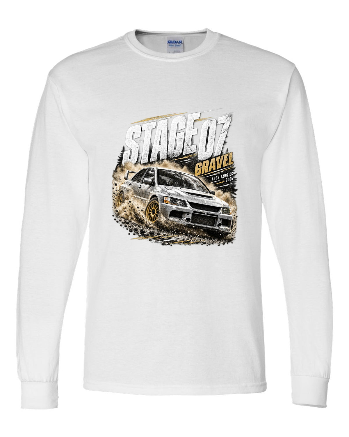 Rally poster print of a Mitsubishi Lancer Evolution IX CT9A on gravel white long sleeve front view with the design