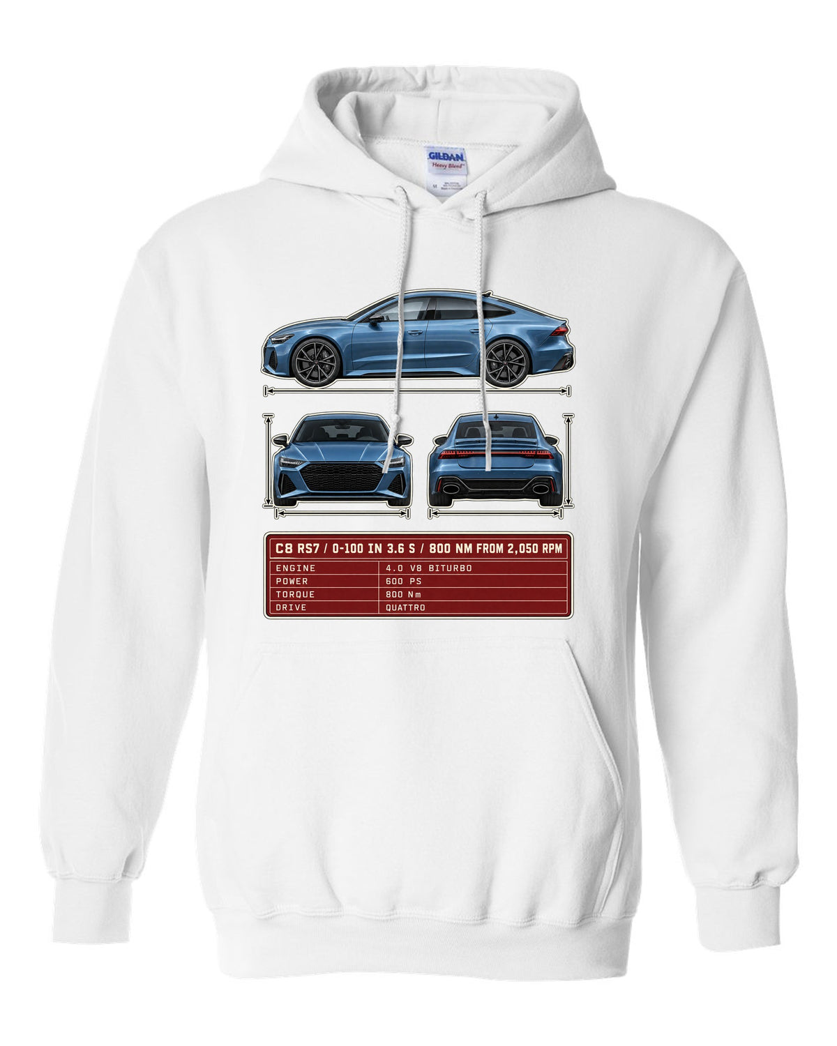 Three-view spec sheet for the Audi RS7 Sportback C8 white pull over hoodie front view with the design