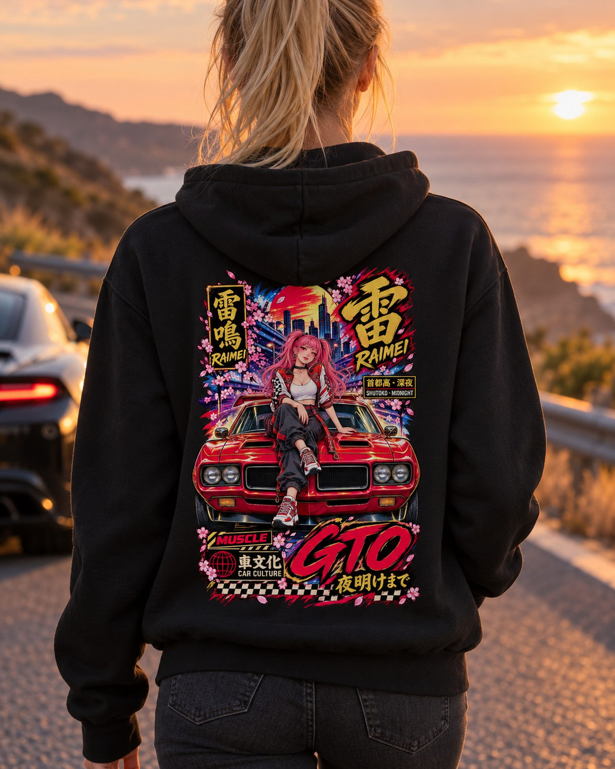 RAIMEI GTO Anime Girl Full-Back Graphic Tee Pull Over Hoodie Black worn hero