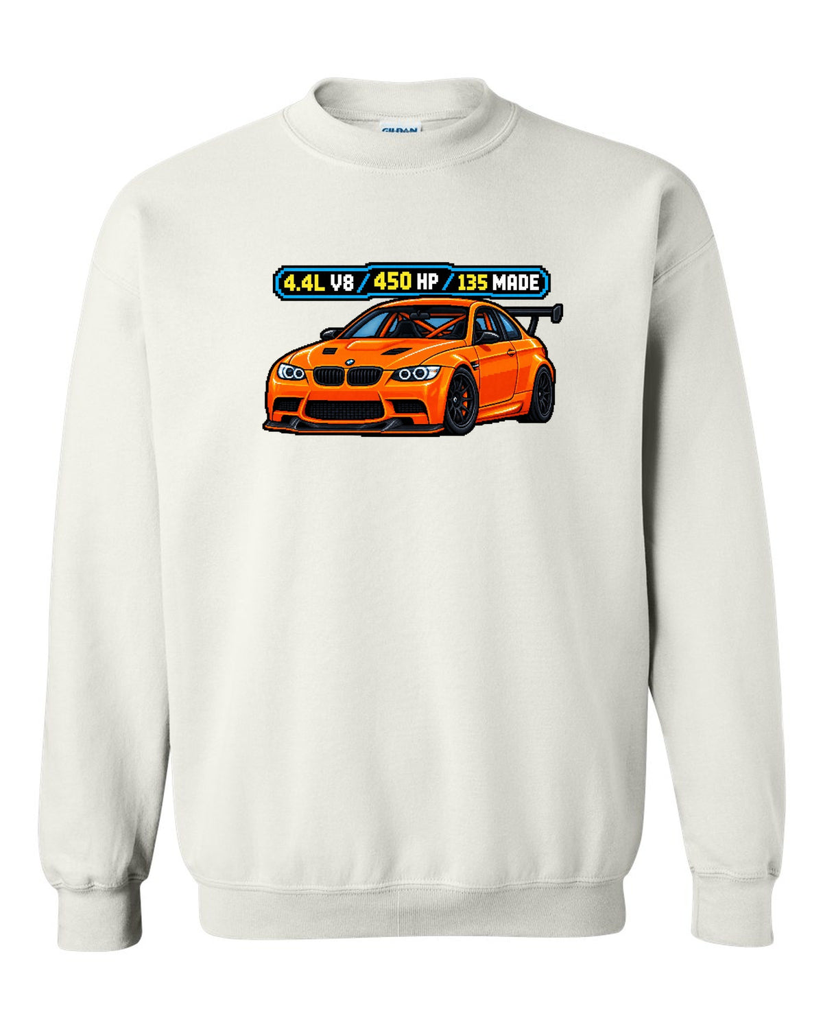 Pixel art print of an orange BMW E92 M3 GTS with 4.4L V8, 450 HP and 135 made text white crewneck front view with the design